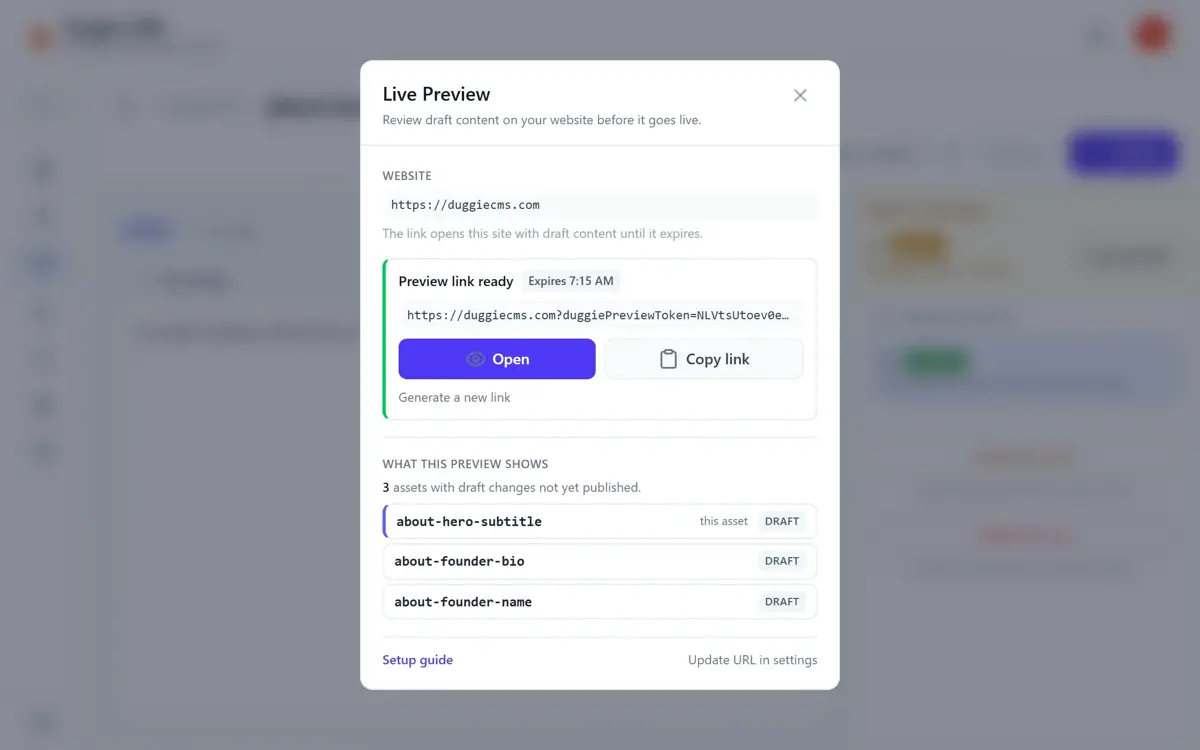 Draft content rendered on a live site behind a preview token